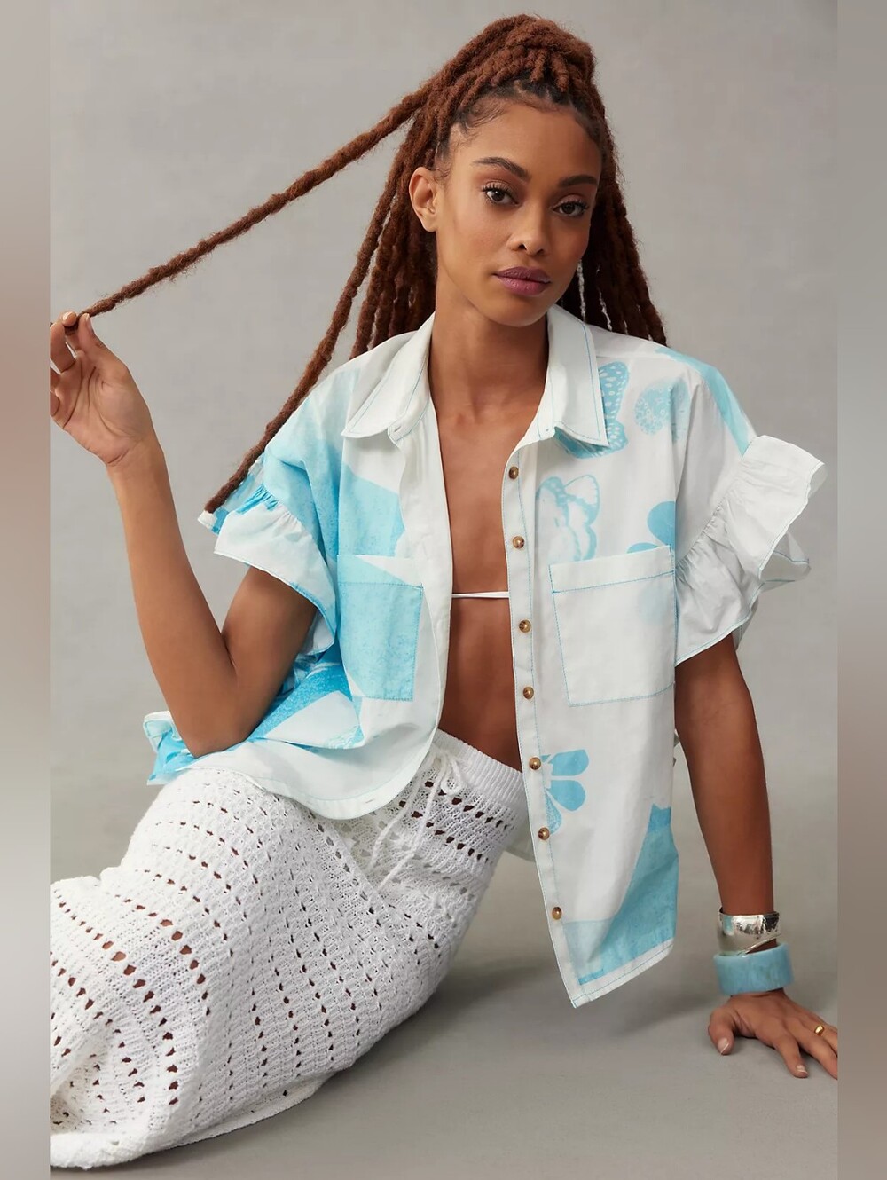 Pilcro Anne Guest Anthropologie Cyanotype Ruffled Button Down Blouse In L - Picture 2 of 10